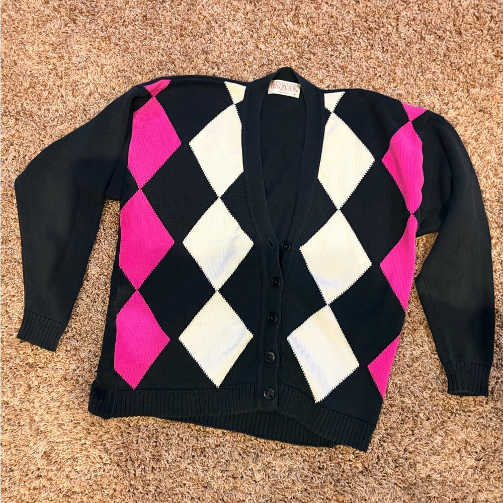 Vintage Pendleton Navy and Pink Argyle Cardigan